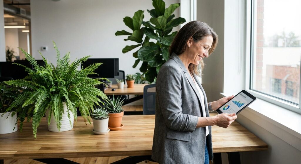 Entrepreneur satisfait analysant le retour sur investissement de son site internet