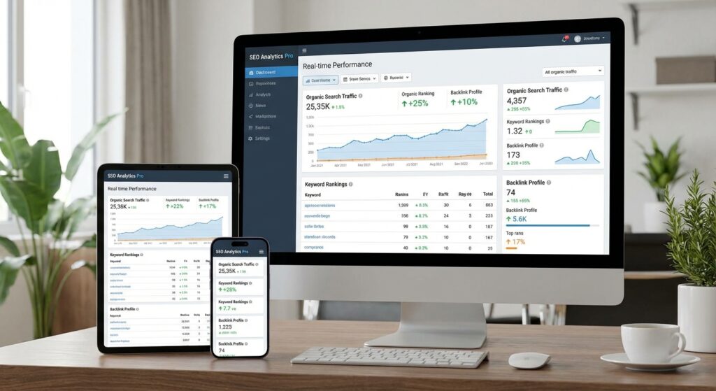 Tableau de bord SEO Analytics Pro affiche sur trois ecrans responsive incarnant le suivi de positions Rankit a Lyon