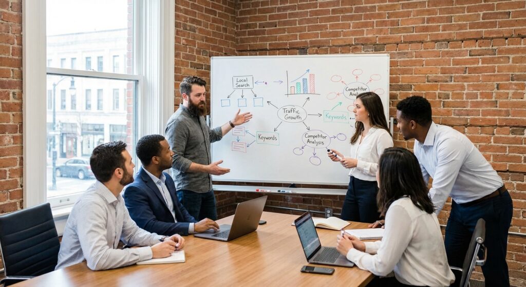 Equipe en reunion de strategie SEO pour entreprise locale dans une salle de reunion moderne