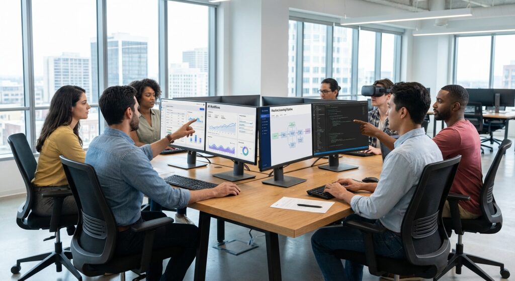 Équipe en formation IA apprenant le prompt engineering et l'automatisation