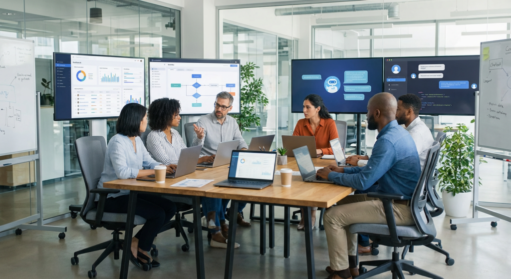 Réunion de consulting IA avec un client à Lyon