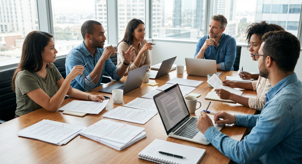 Équipe de rédacteurs web relisant et optimisant des articles pour le référencement