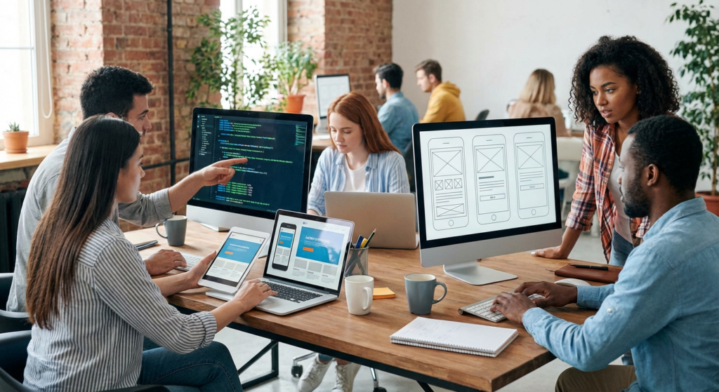 Equipe de developpeurs web construisant un site internet