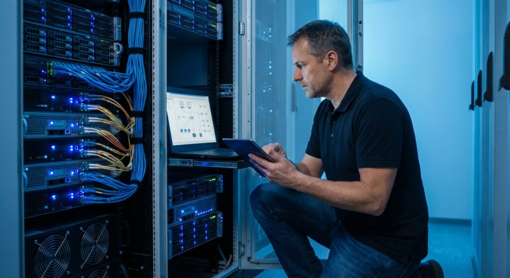 Technicien tablette en datacenter rack serveurs bleus, hébergement WordPress SEO Rankit Lyon