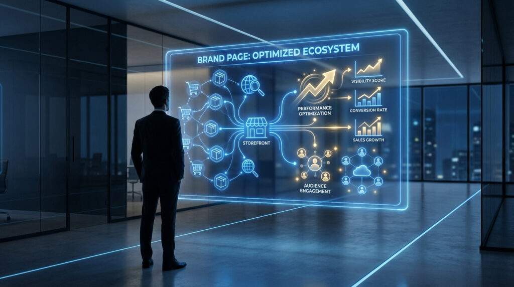 Un homme observe un écran holographique affichant un écosystème de page de marque optimisé pour le e-commerce et la croissance.
