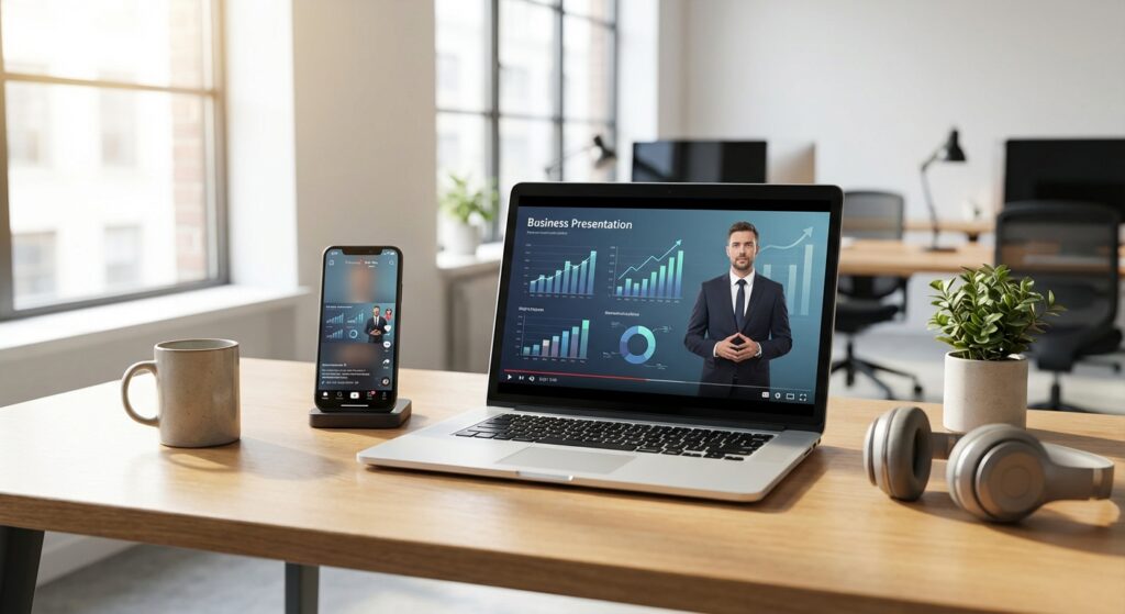 Video corporate diffusee sur laptop et smartphone illustrant les formats multi-supports
