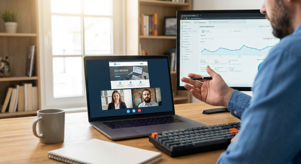 Visioconférence entre un freelance SEO et son client pour le suivi mensuel