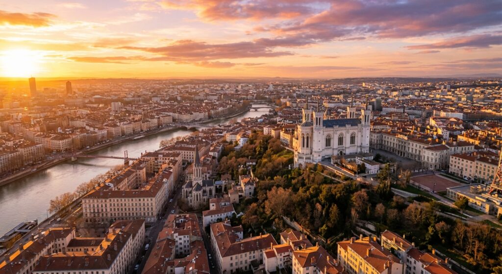 Vue aérienne de Lyon avec la basilique de Fourvière, ville de notre agence web