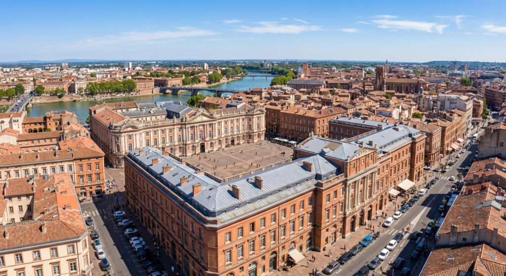 Vue aérienne de Toulouse avec la place du Capitole, ville d'intervention de notre agence web