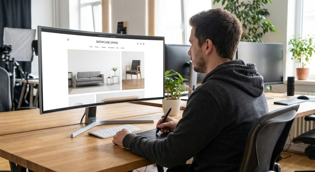 Web designer travaillant sur la maquette d'un site vitrine