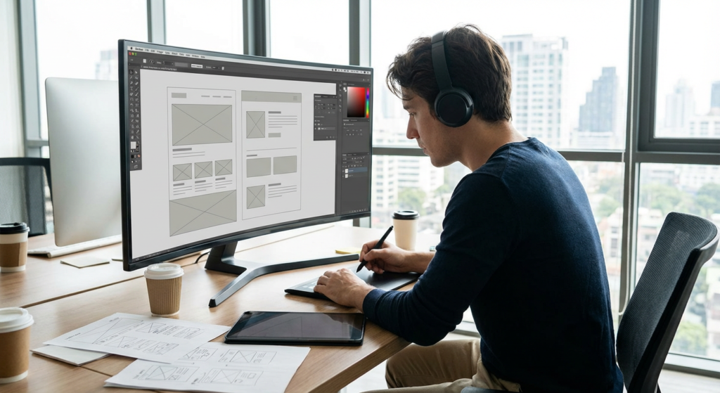Web designer creant un site internet professionnel sur grand ecran