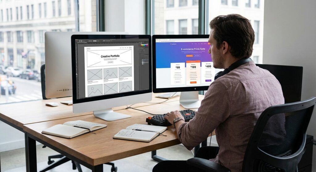 Web designer comparant différents types de sites internet et leurs tarifs