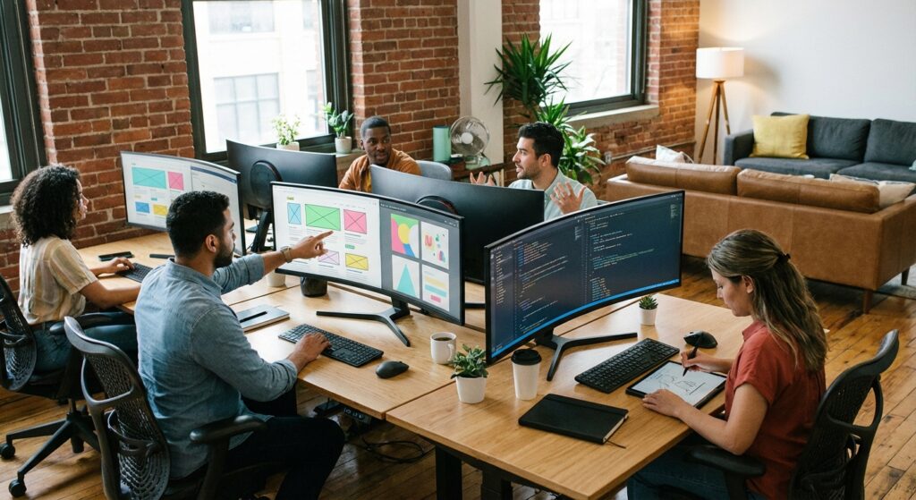 Equipe developpement web travaillant sur projet creation site internet Lyon