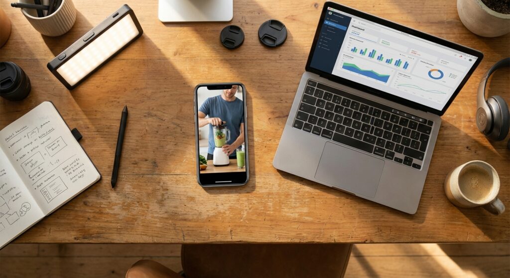 Workspace marketing digital avec smartphone et dashboard de performance TikTok Ads