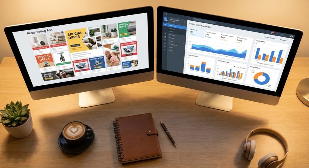 Workspace remarketing avec tableaux de bord analytics et créations publicitaires