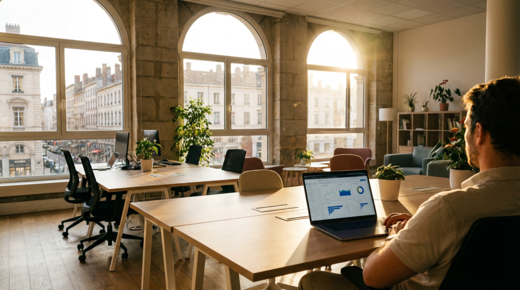 bureau coworking aux fenetres cintrees avec ordinateur portable et tableau de bord seo representant une agence seo a lyon