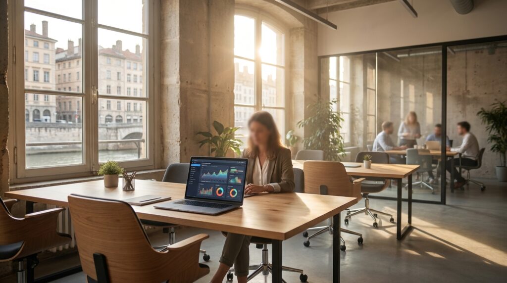 Consultante en coworking lyonnais sur laptop affichant graphiques — incarne la stratégie SEO locale Rankit Rhône