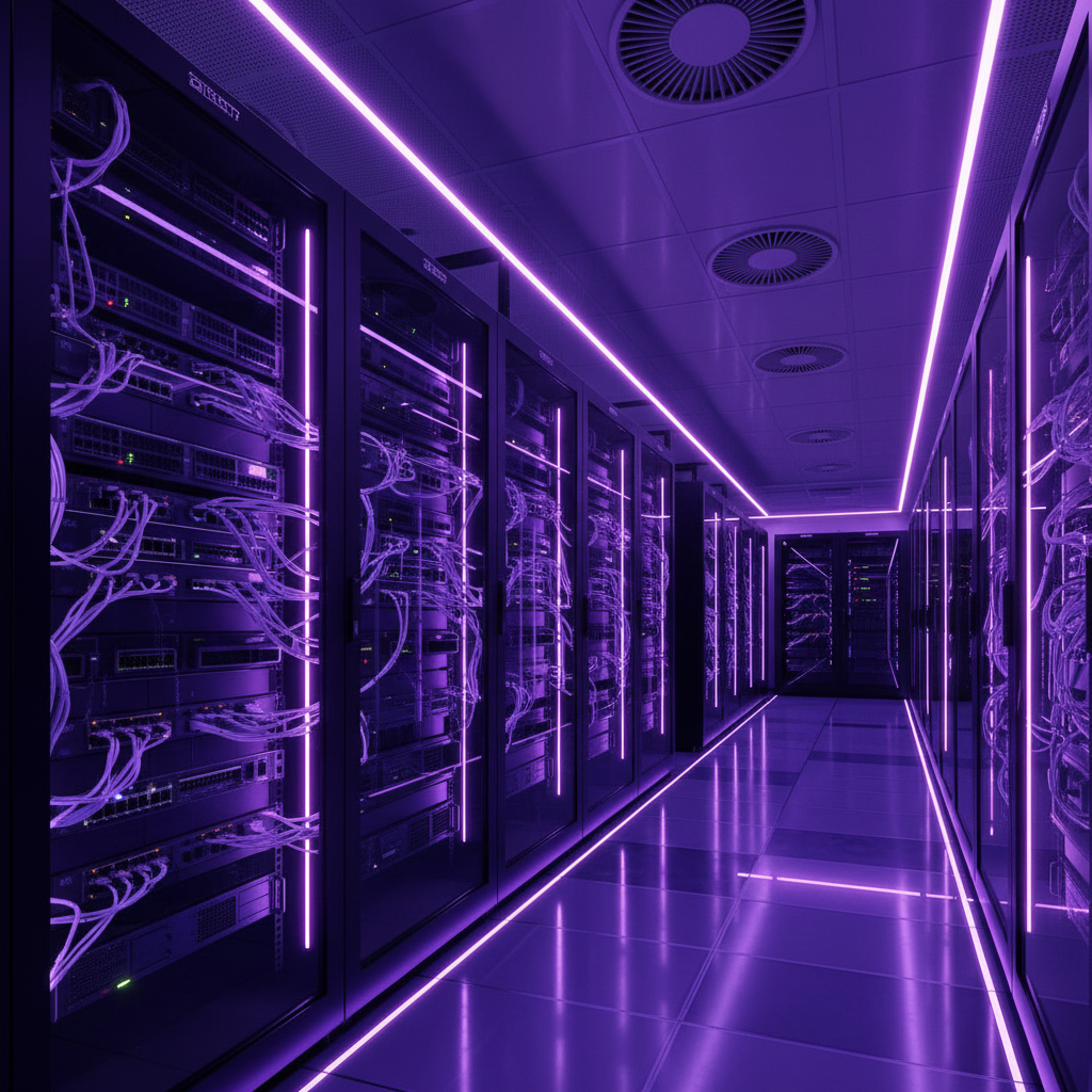 Couloir de salle serveurs aux neons violets supportant le referencement WordPress en Auvergne-Rhone-Alpes
