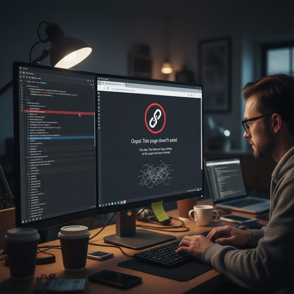 Developpeur devant double ecran corrigeant une erreur 404 dans le cadre d'un audit technique SEO a Lyon
