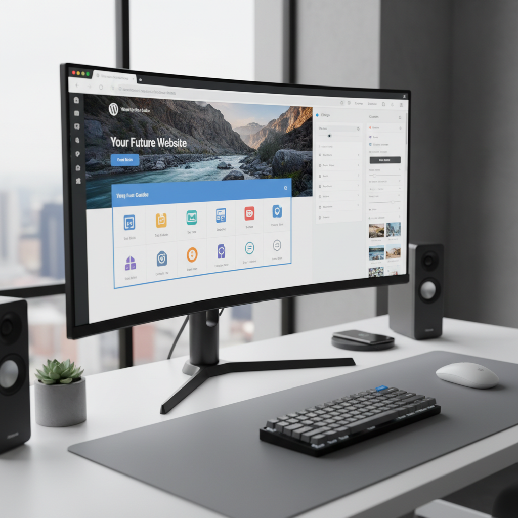 Ecran courbe affiche un constructeur de site WordPress sur bureau lyonnais, optimisation technique on-page et SEO WordPress dans le Rhone