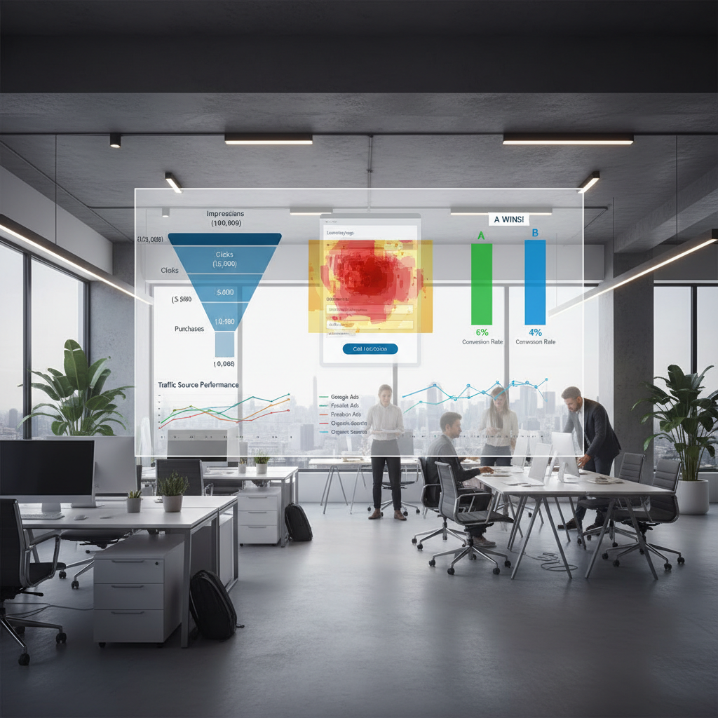 Equipe en open-space analysant un tunnel de conversion et heatmap pour booster l'audit SEO sur la Metropole de Lyon