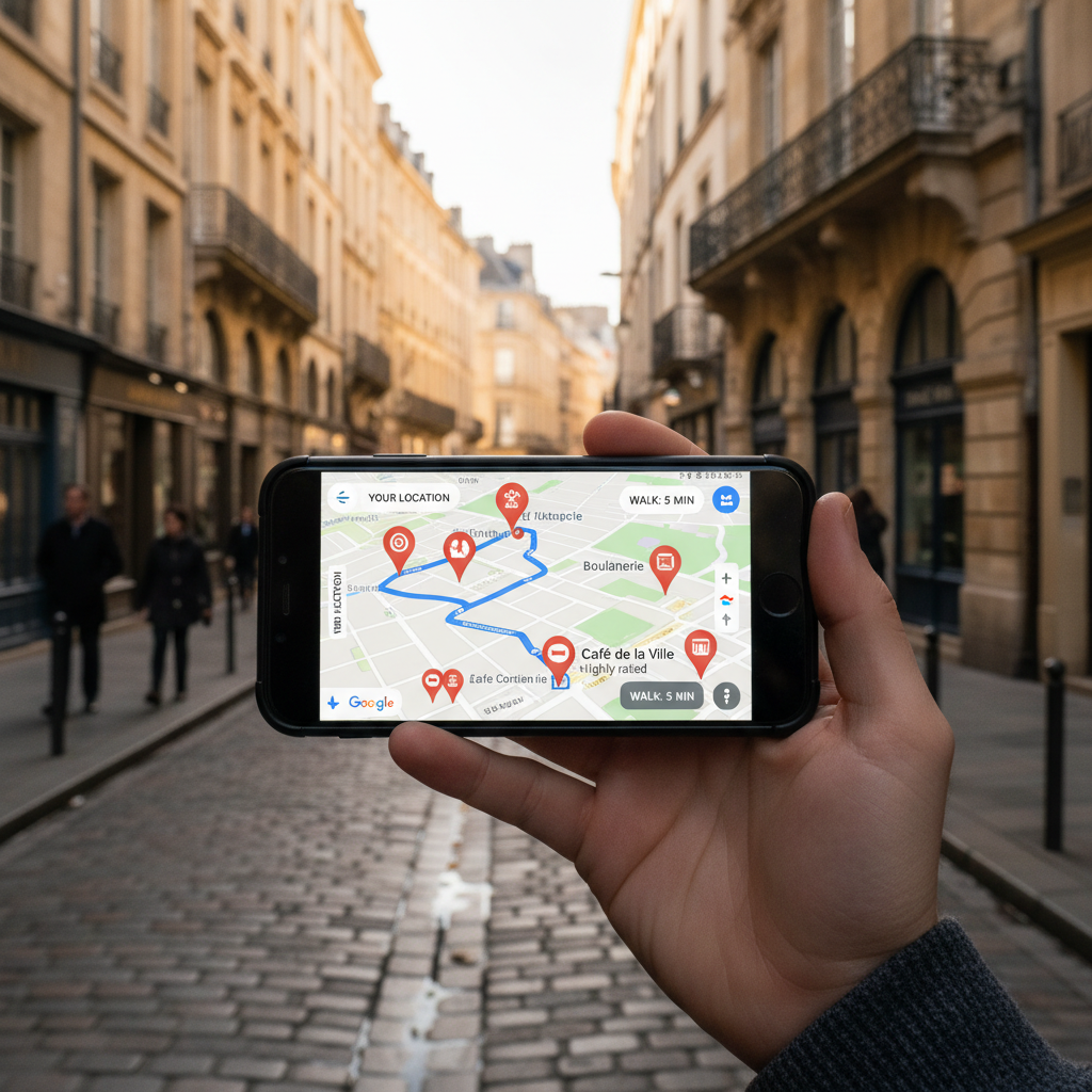 fiche Google Business Profile — smartphone showing google maps w | optimisation site WordPress dans le Rhône