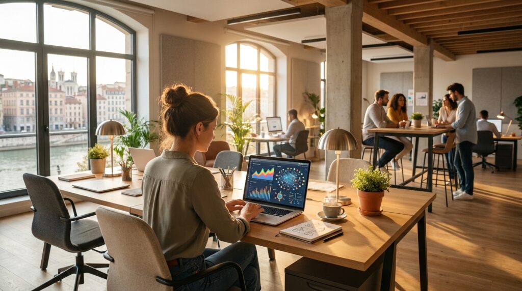 freelance face à la Saône et Fourvière analysant des positions Google pour le SEO à Lyon