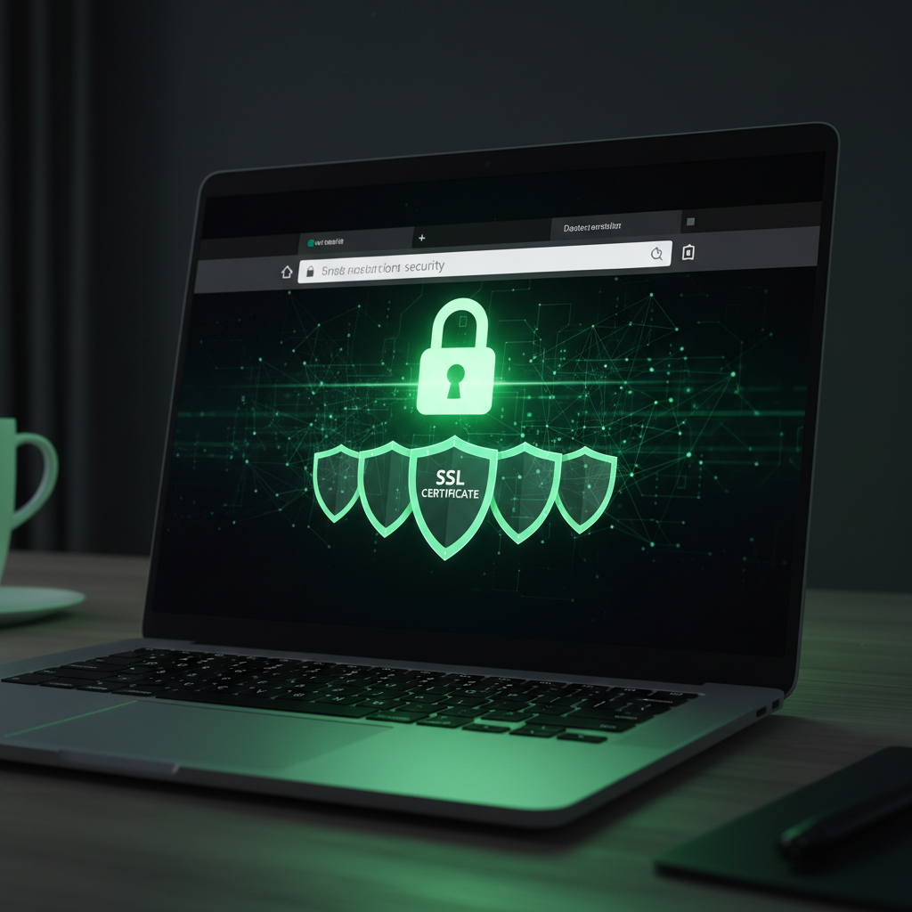 Laptop affiche un cadenas vert et certificat SSL sur fond reseau, securisation HTTPS et signaux de confiance pour le SEO d'un site lyonnais