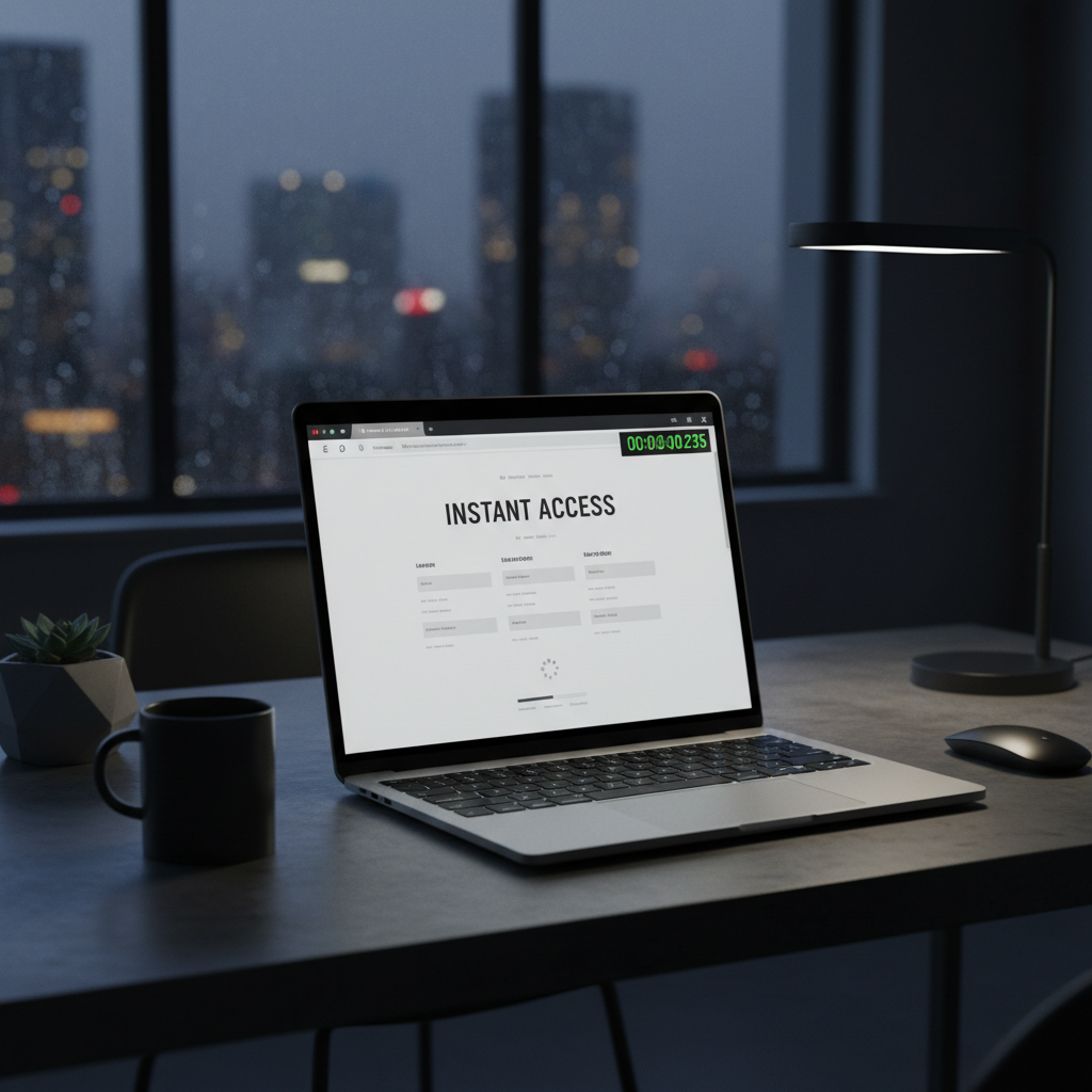 Laptop sur bureau face a la skyline nocturne ouvrant un acces immediat a un consultant SEO dans le Rhone