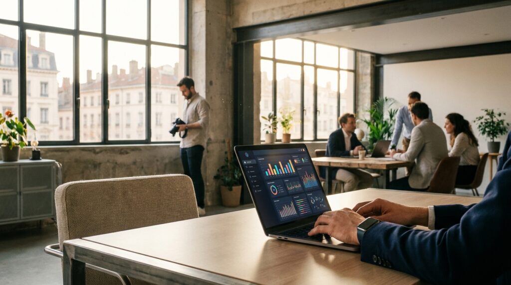 Open space lumineux avec laptop ouvert sur un dashboard et équipe en réunion incarne le quotidien d'une agence de référencement à Lyon