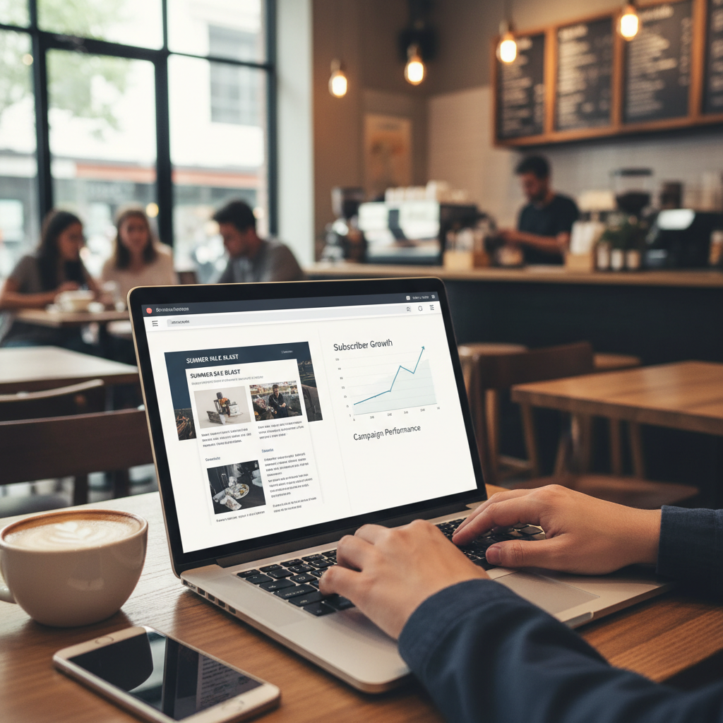 Personne sur laptop dans un cafe consultant un dashboard newsletter relie a la strategie SEO locale dans le Rhone