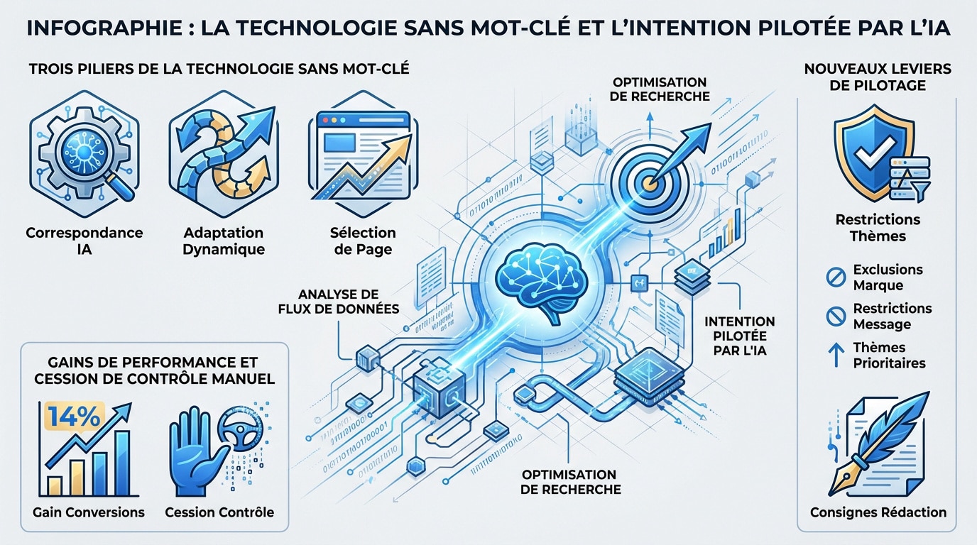Infographie expliquant le fonctionnement de l'IA sans mot-clé et l'analyse de l'intention de recherche