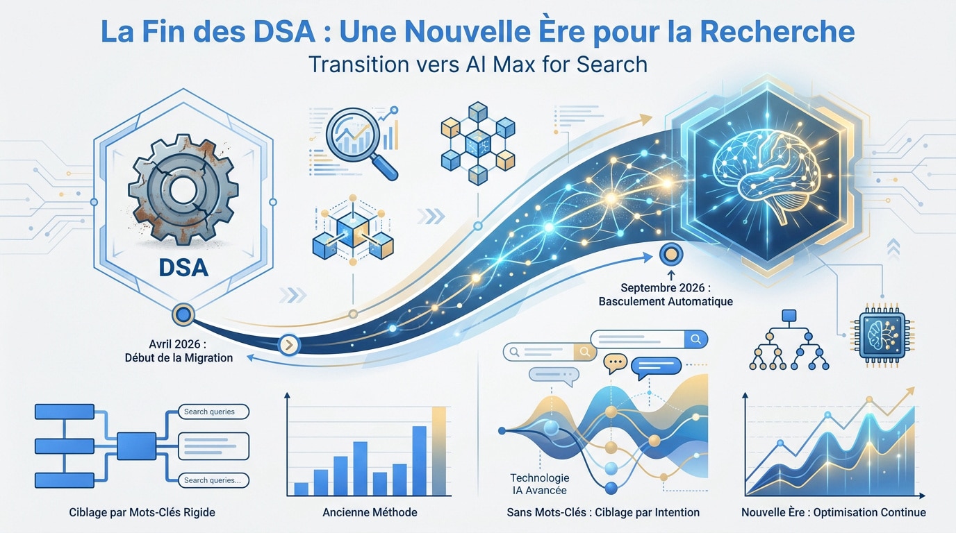 Schéma de la migration technologique des campagnes Google Ads vers AI Max for Search