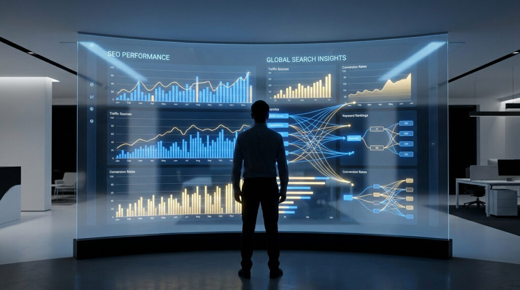Un professionnel analyse des graphiques de performance SEO complexes sur un écran tactile futuriste et incurvé.