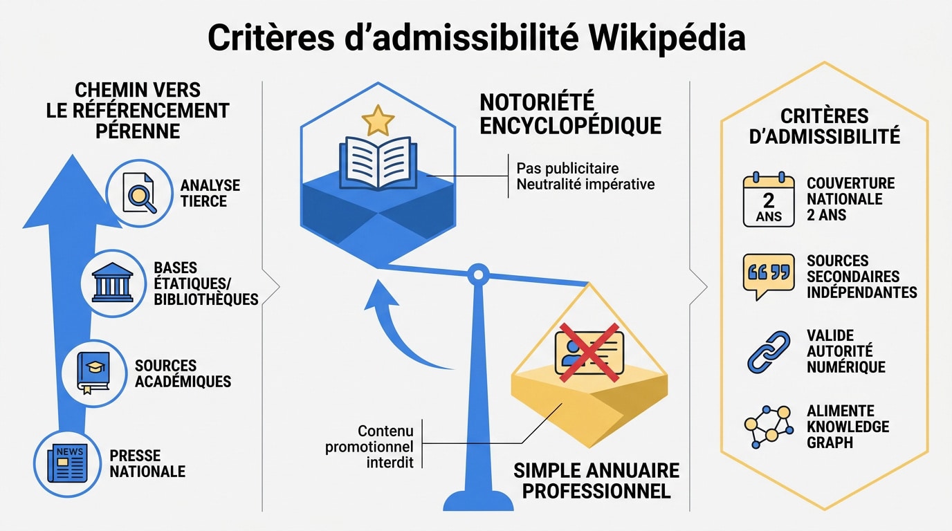Infographie détaillant les critères de notoriété et d'admissibilité pour créer une page Wikipédia