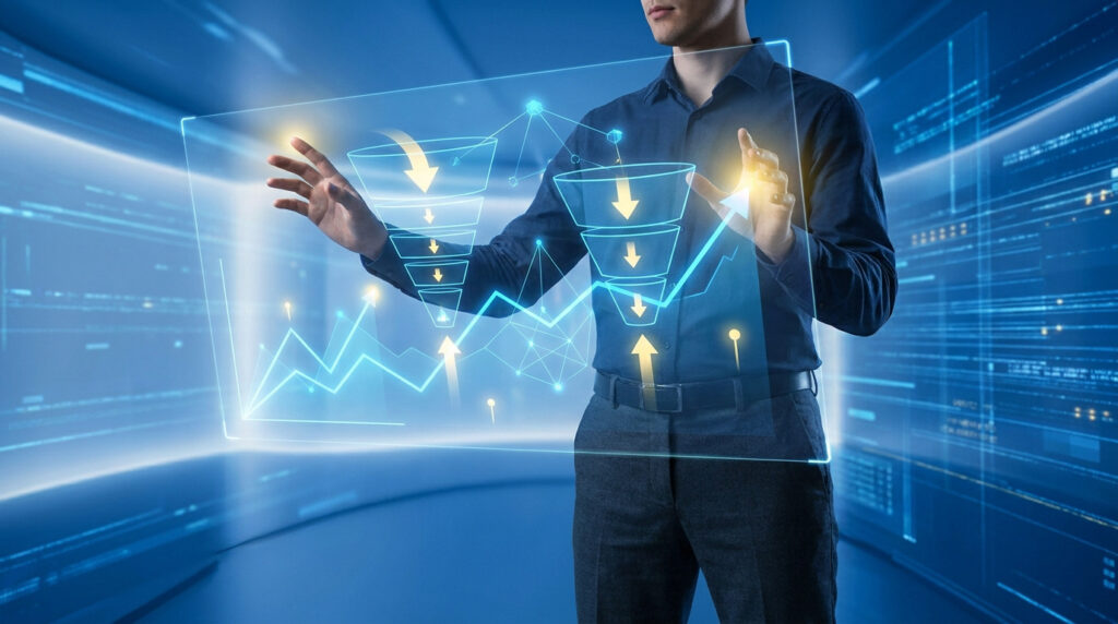 Homme d'affaires interagissant avec une interface holographique représentant des entonnoirs de conversion et des graphiques.