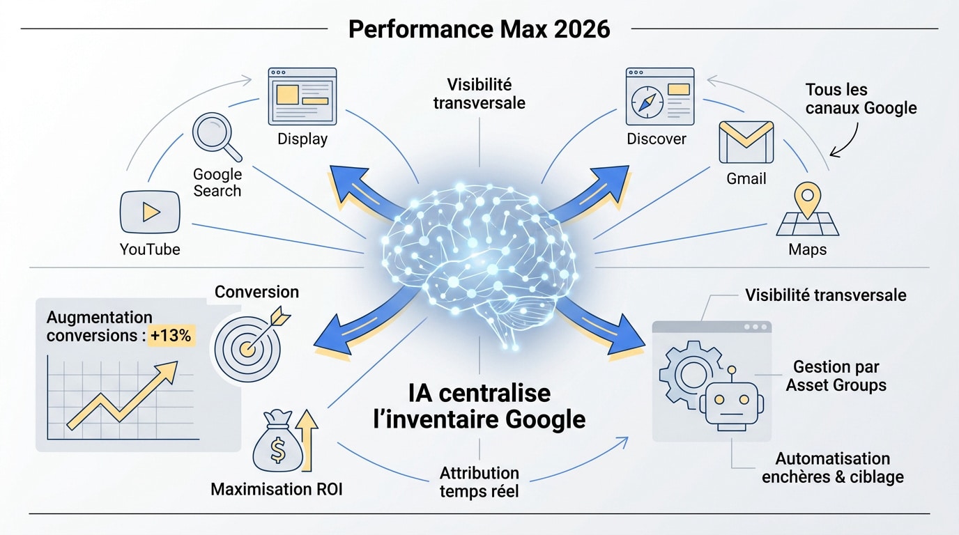 Interface de gestion automatisée Google Performance Max utilisant l'intelligence artificielle pour le multicanal