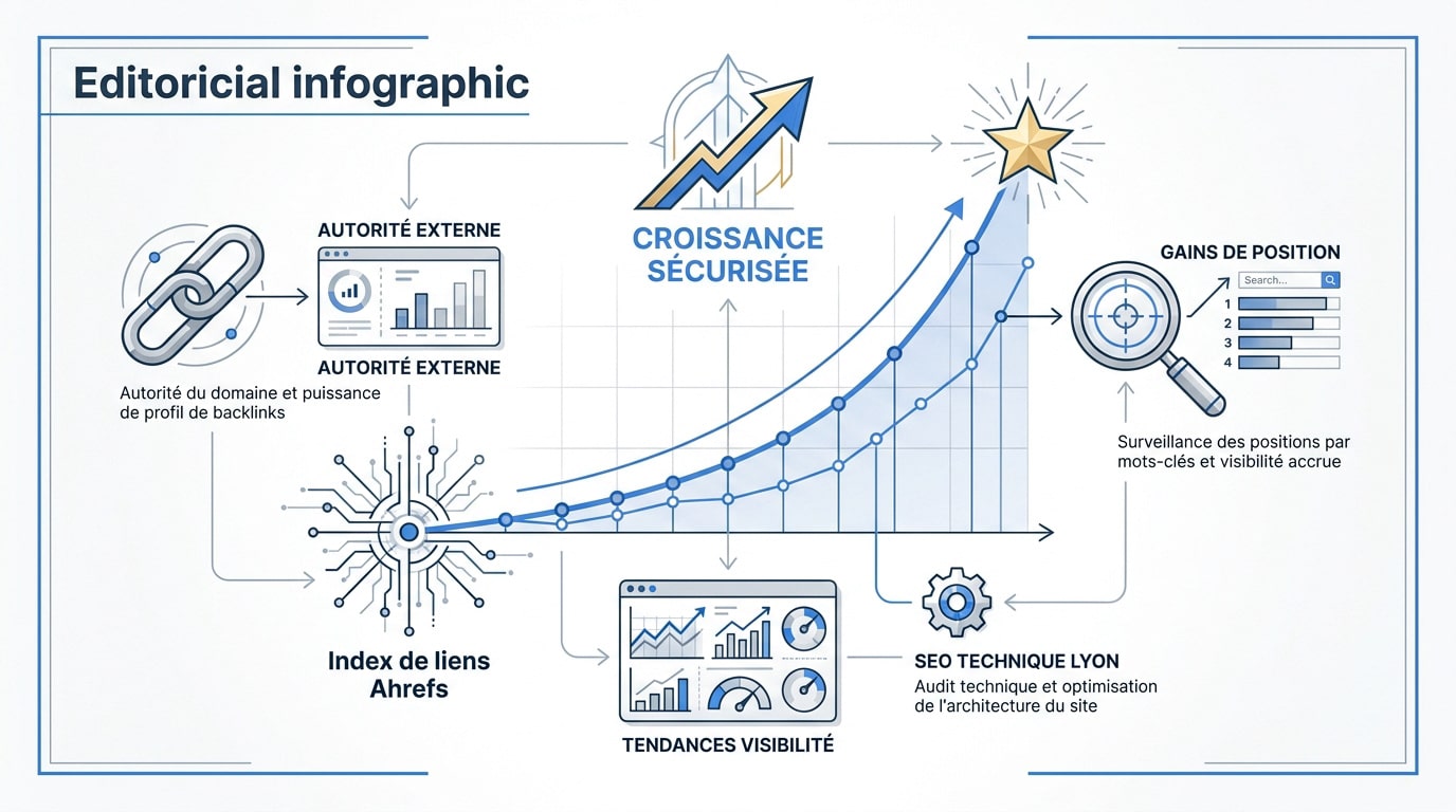 Infographie illustrant la croissance SEO et l'optimisation des backlinks