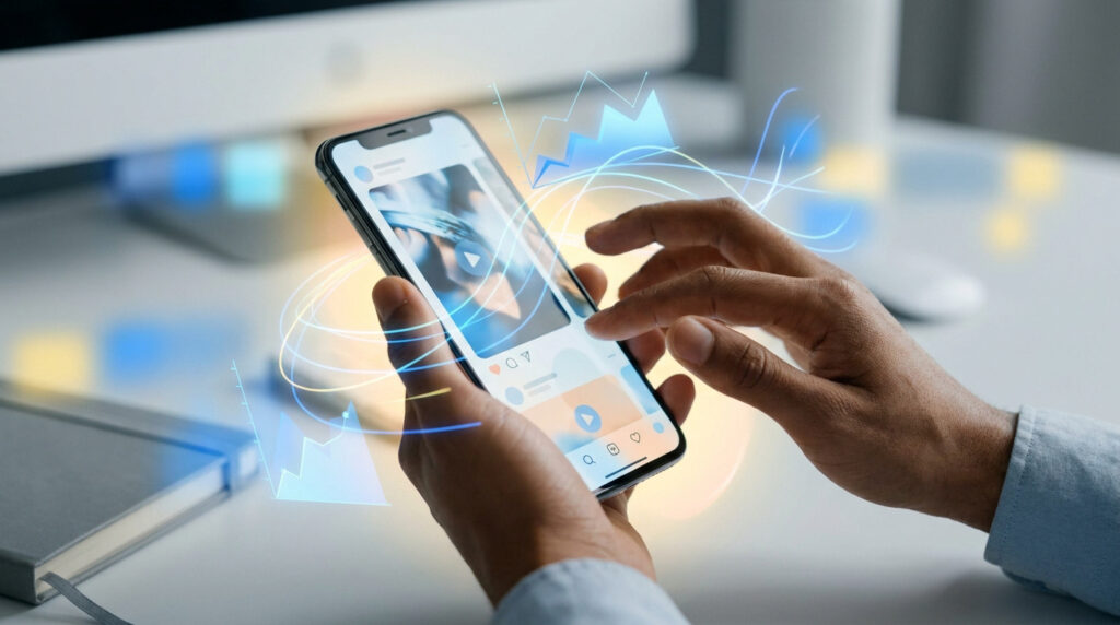 Mains tenant un smartphone avec des graphiques numériques flottants de croissance et de réseaux sociaux.