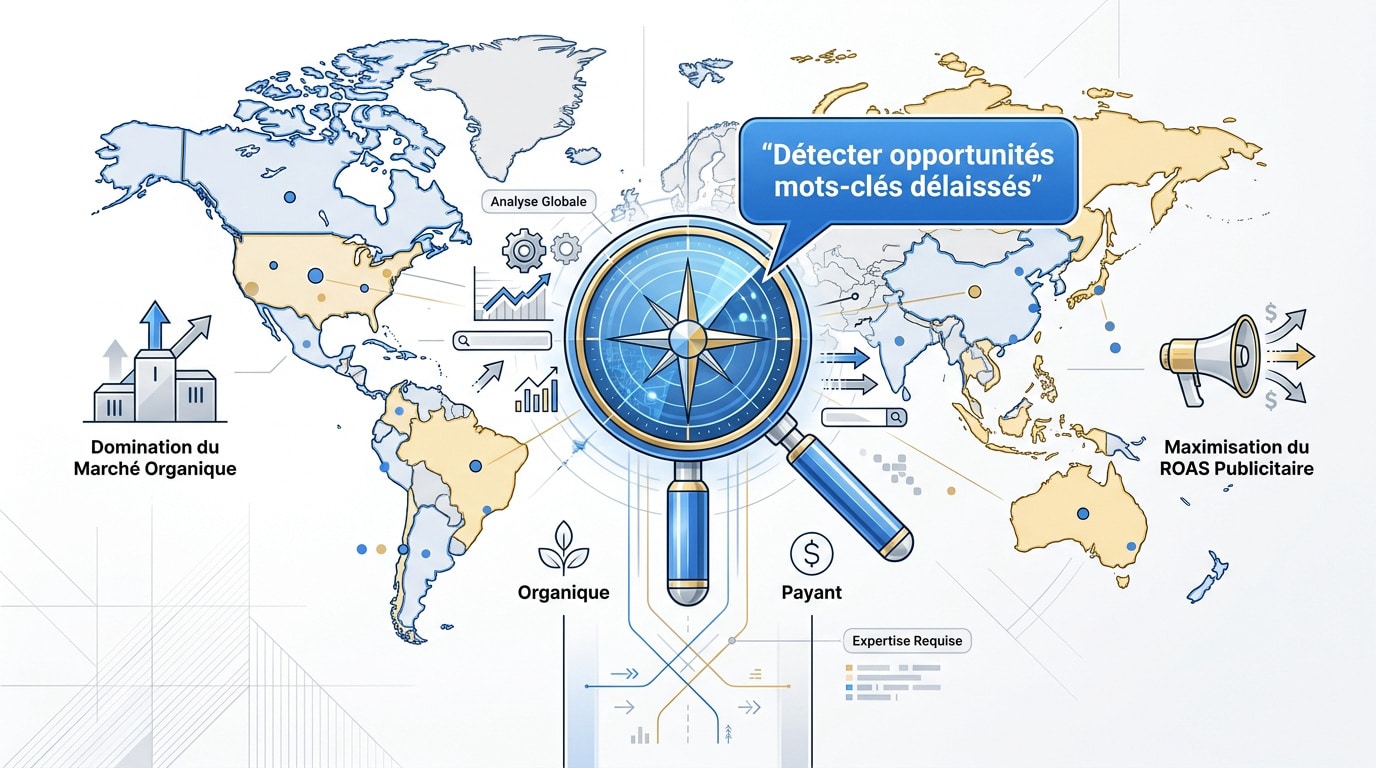 Interface SEMrush affichant l'analyse du marché et les opportunités de mots-clés concurrentiels