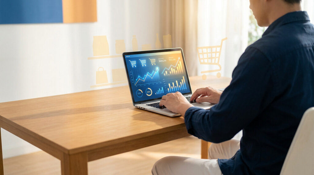 Personne travaillant sur un ordinateur portable affichant des graphiques de vente e-commerce avec des icônes de caddie.
