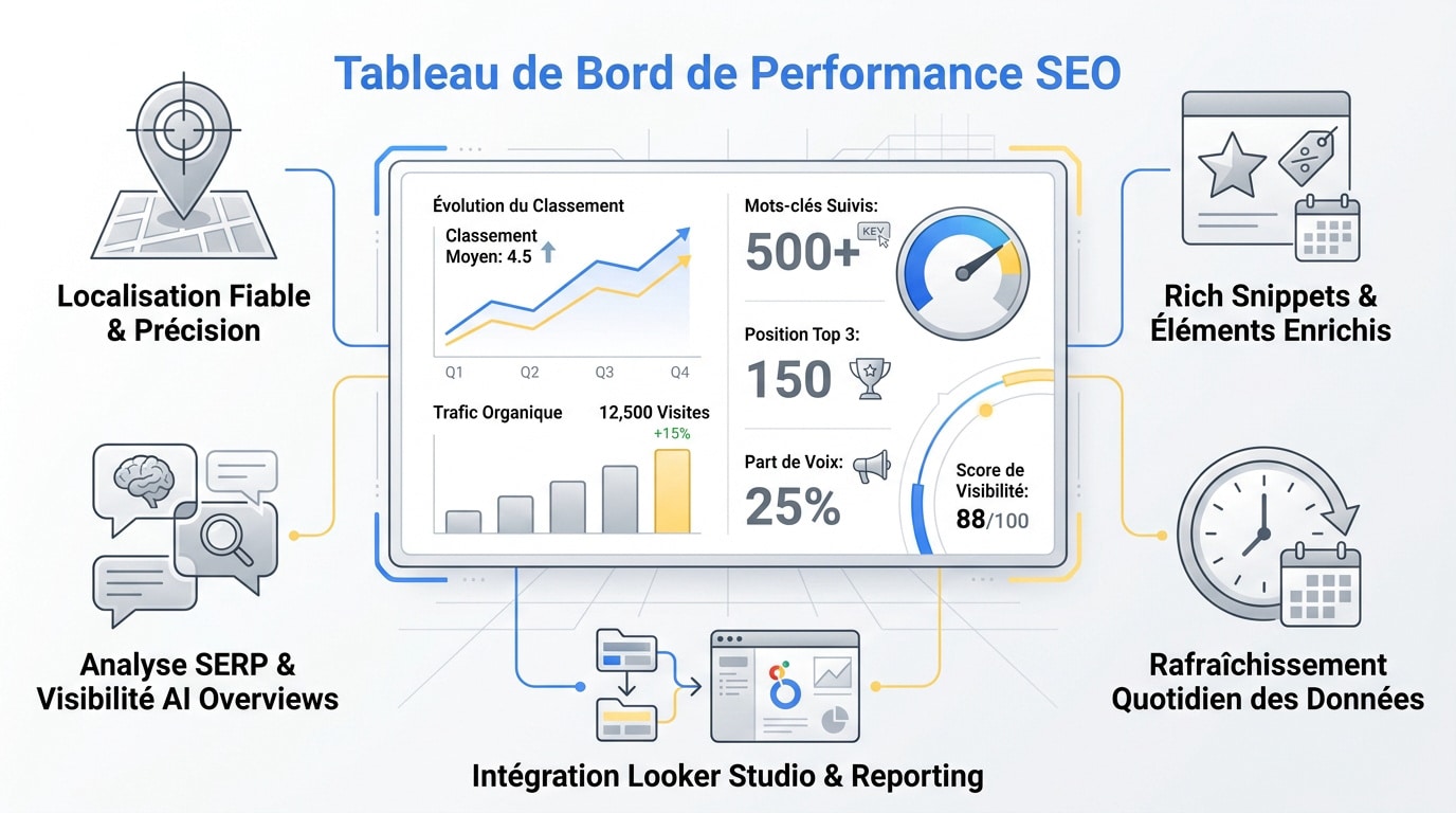 Tableau de bord d'analyse de performance SEO et suivi de visibilité globale