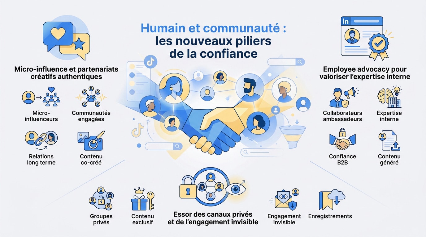 Illustration de la confiance et de l'humain au cœur des stratégies sociales en 2026