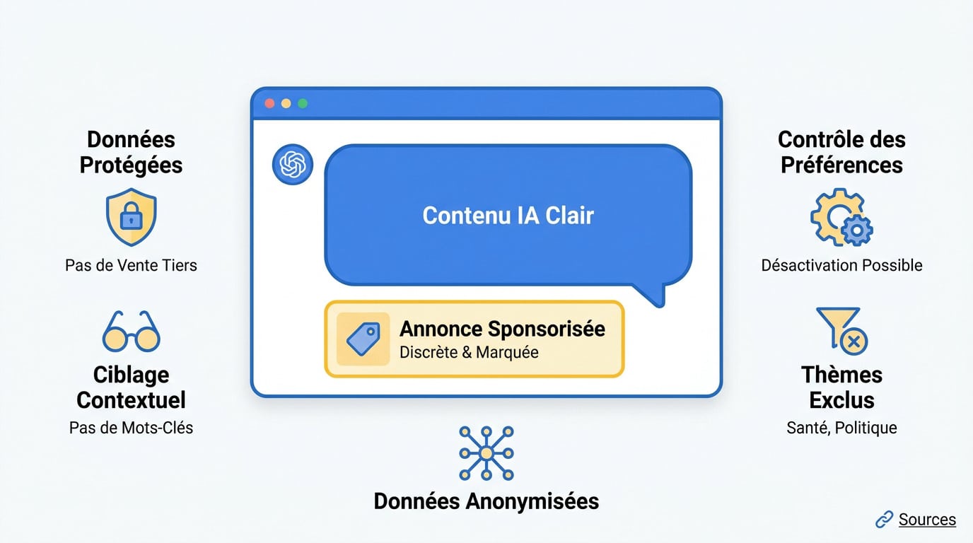 Interface ChatGPT montrant la séparation entre les réponses de l'IA et les annonces sponsorisées pour garantir la transparence.