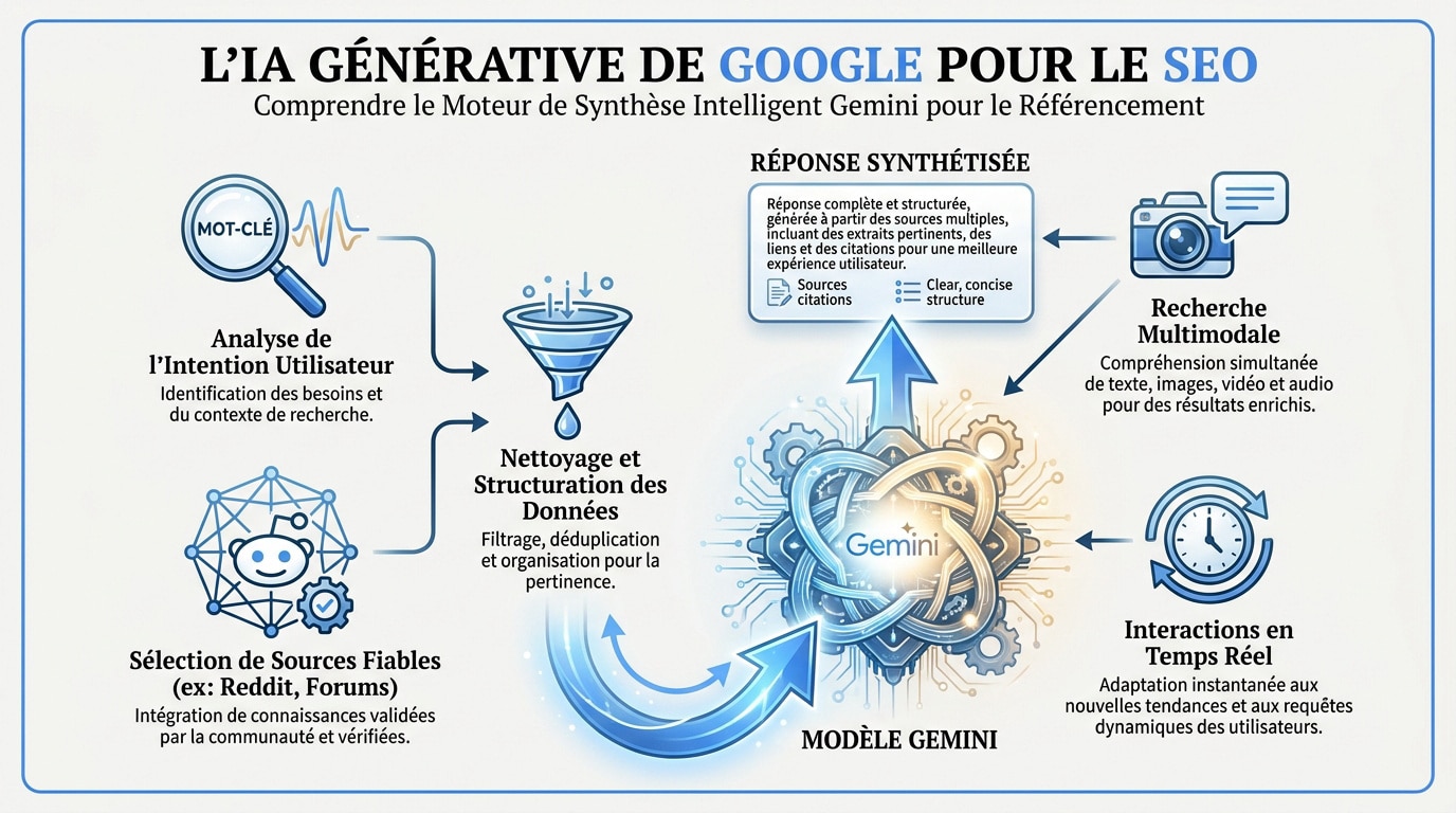 Schéma du fonctionnement de l'IA générative Google Gemini pour le référencement SEO
