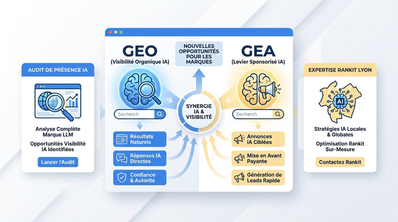 Infographie expliquant les synergies entre le GEO et le GEA pour la visibilité des marques dans l'IA