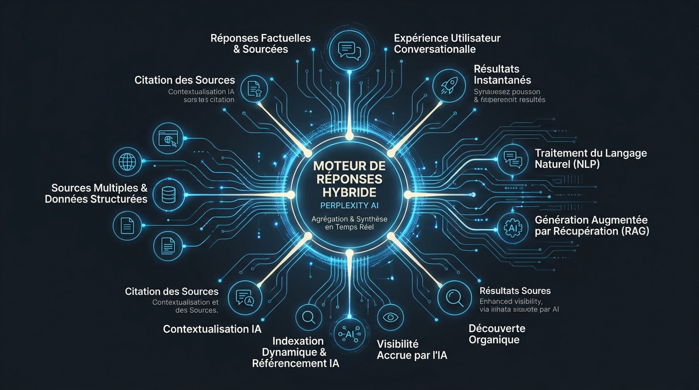 Infographie expliquant le fonctionnement hybride du moteur de réponses Perplexity AI