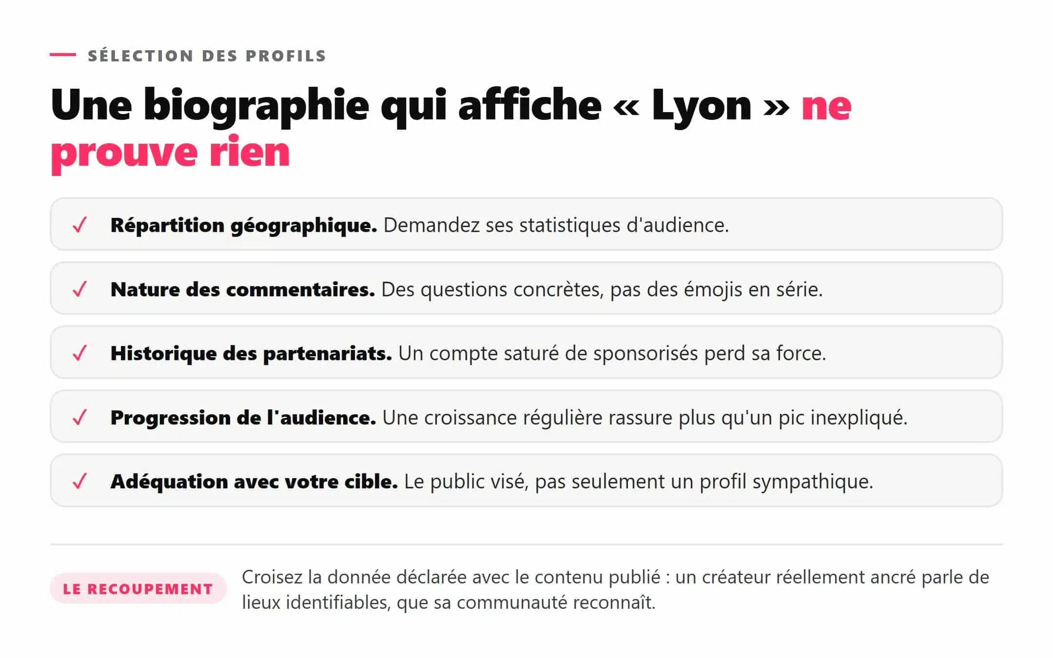 Checklist des points à vérifier avant de retenir un profil de micro-influenceur local
