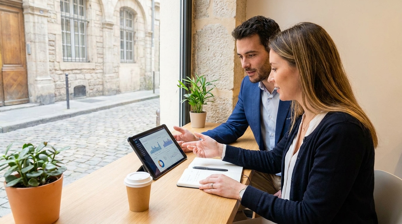 Dirigeant et consultante analysant les résultats des réseaux sociaux avant de déléguer à une agence