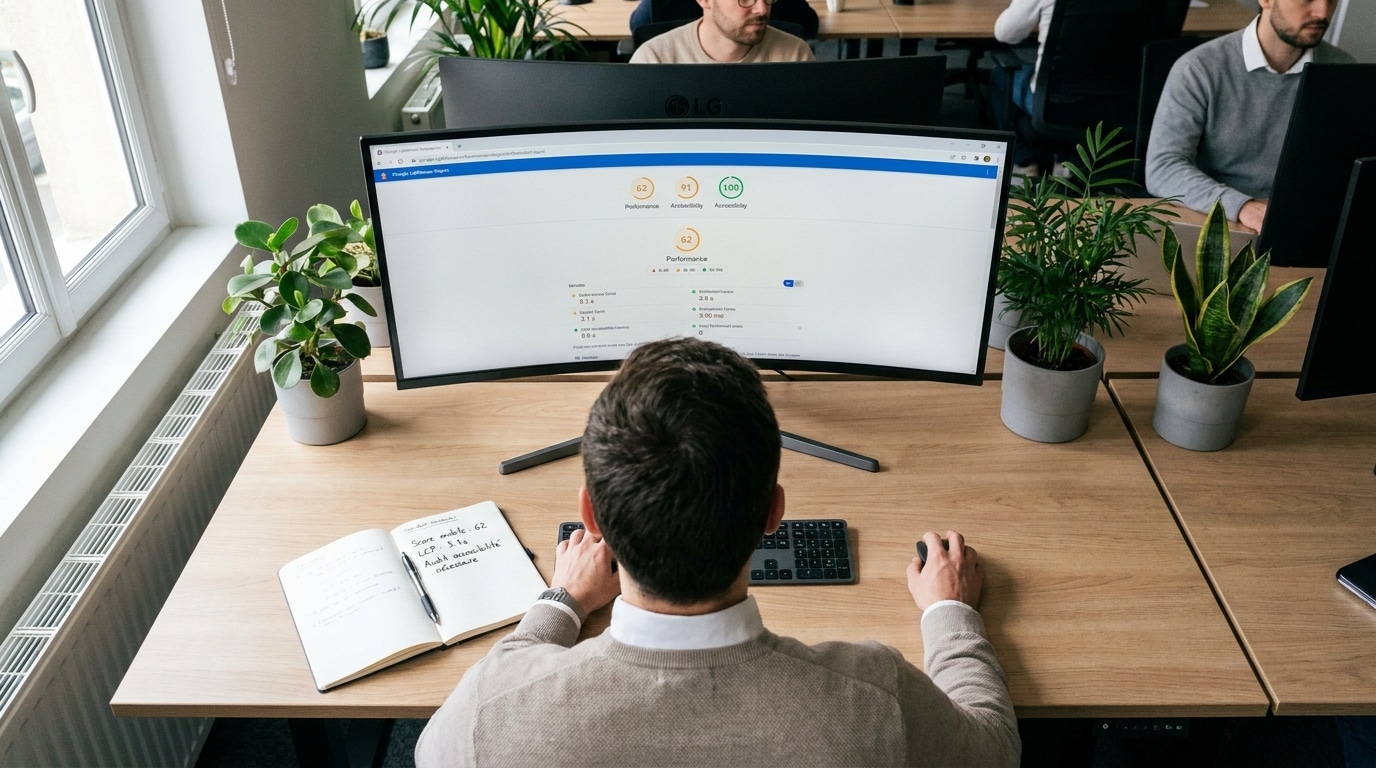 Consultant analysant un rapport de performance Lighthouse pour un site WordPress